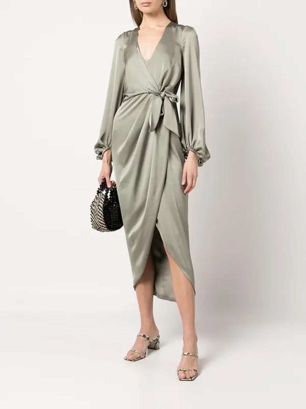 Shona Joy Satin Tied Waist Balloon Sleeve Faux Wrap Midi Dress Sz 6 Eucalyptus G